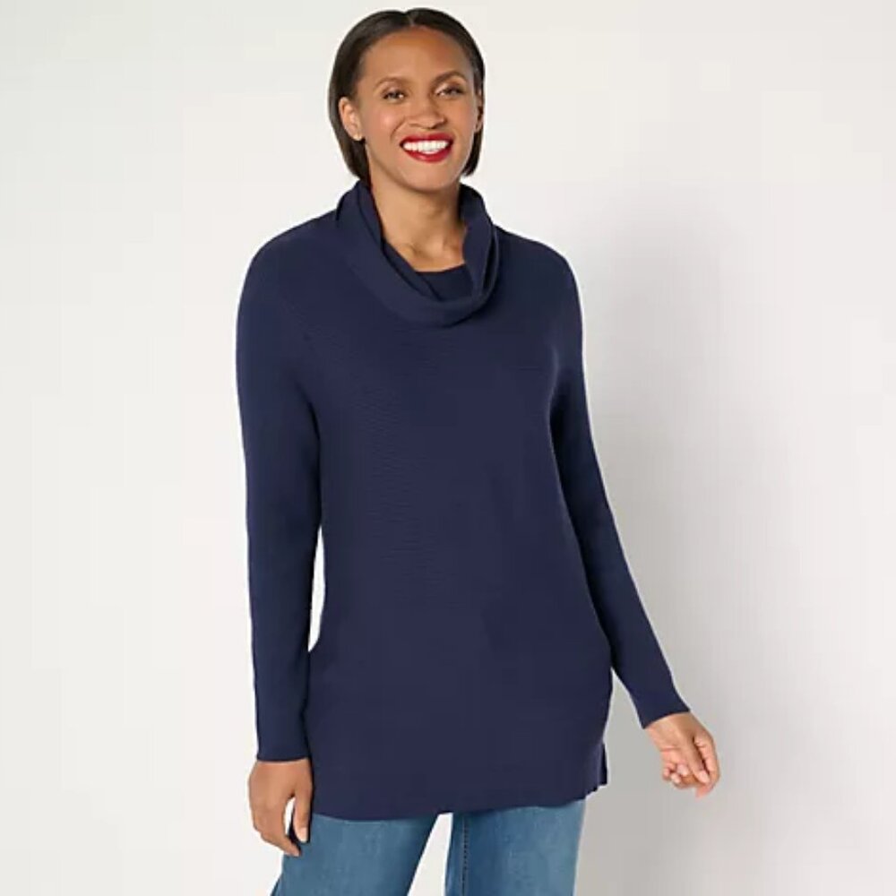 AnyBody Brushed Rib Cowl Neck Sweater with Side Slits - Navy (Sz L) a669422